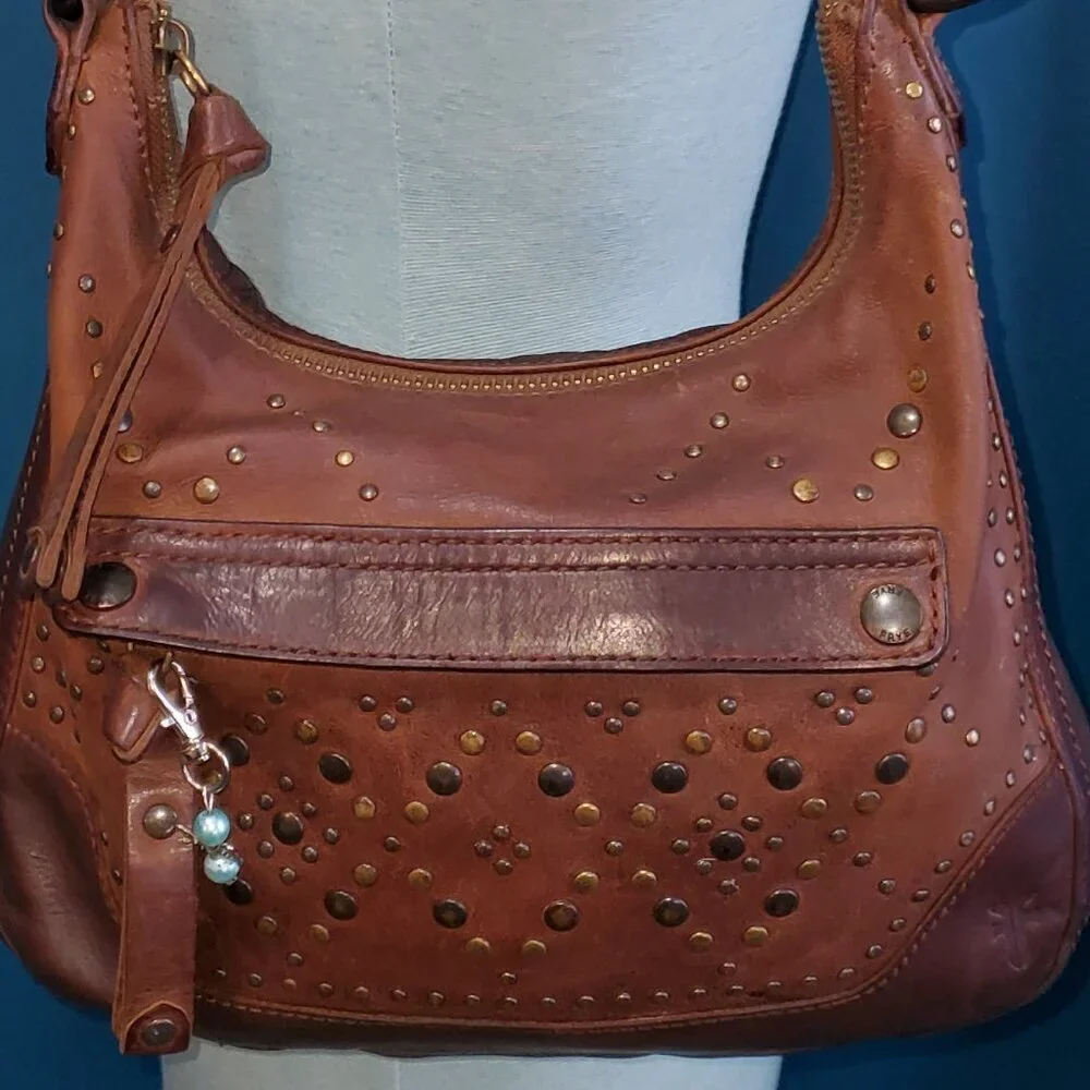 👜 FRYE Vintage Brown Leather Studded Hobo Shoulder Bag Boho